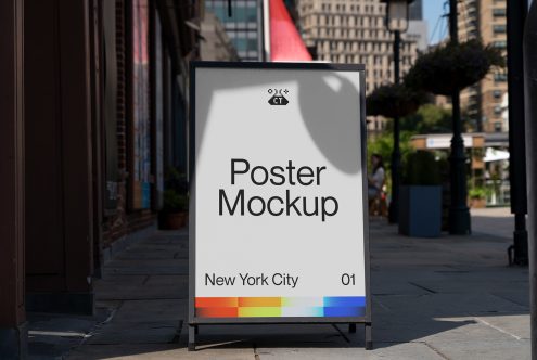 Urban poster mockup on sidewalk with city background for advertising, realistic outdoor presentation template, designers asset.